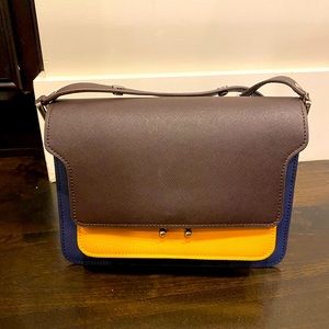 Marni Trunk Colour-Block Foldover Tote Bag Brown Yellow Blue Saffiano Leather
